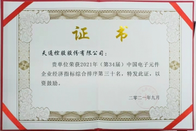 2021年第三十四屆中國(guó)電子百?gòu)?qiáng)企業(yè)榮譽(yù)證書